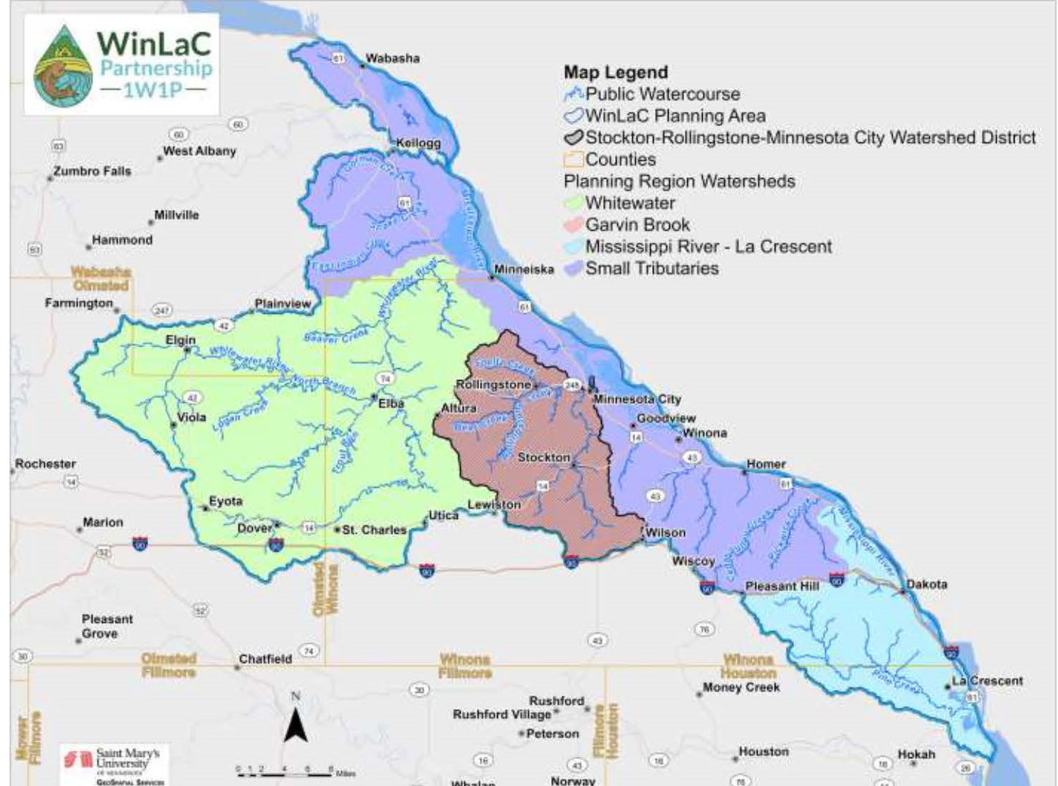 Map of WinLaC area that labels cities and subwatersheds
